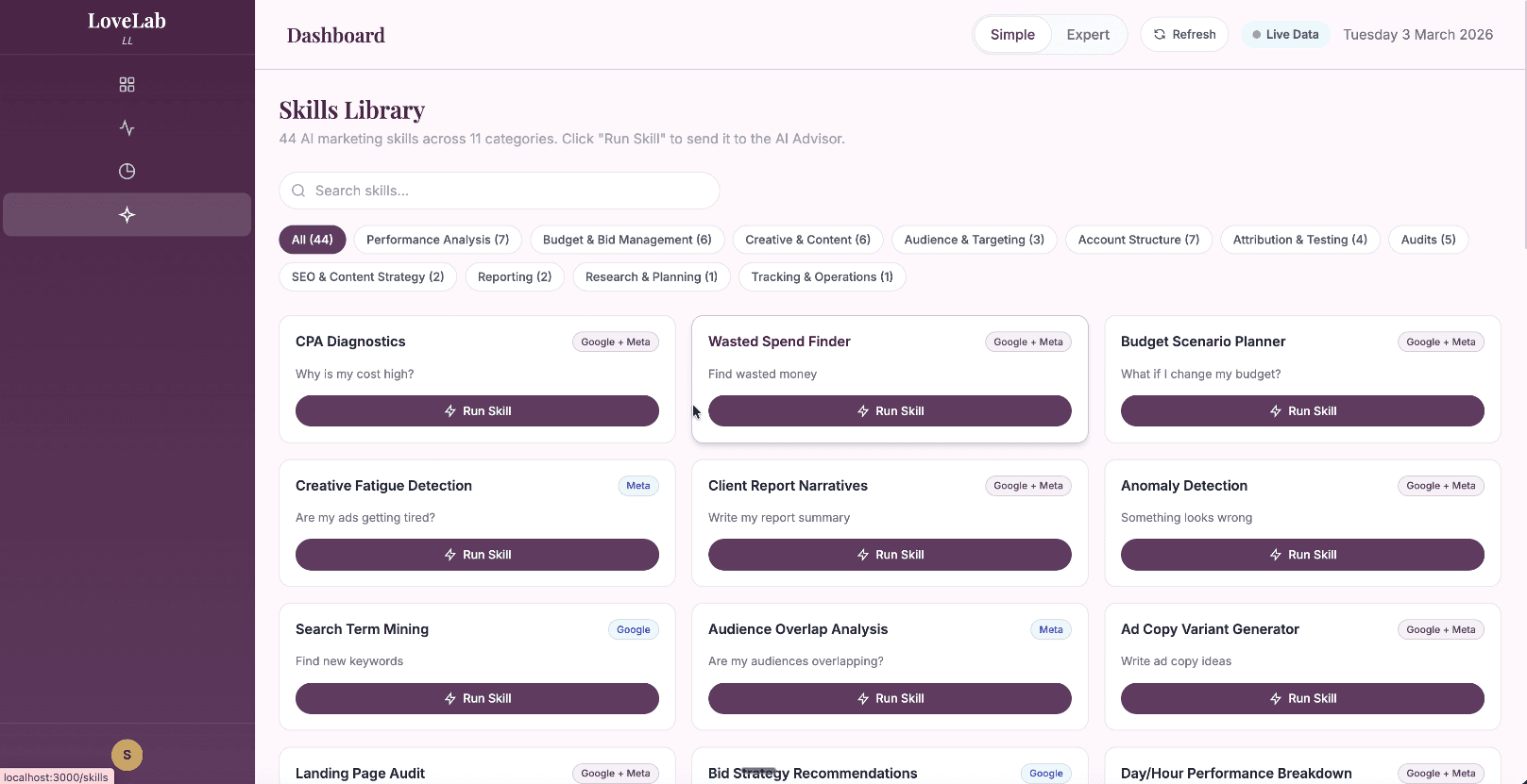 40 skills personnalisés sur vos données en direct — propulsé par Claude Opus 4.6